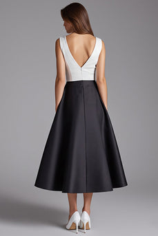 Schwarz und Weiß Satin V Ausschnitt A Linie Midi Formelle Kleid