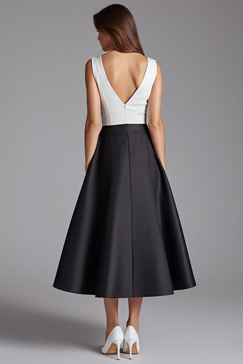 Laden Sie das Bild in den Galerie-Viewer, Schwarz und Weiß Satin V Ausschnitt A Linie Midi Formelle Kleid