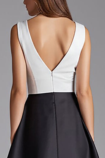 Schwarz und Weiß Satin V Ausschnitt A Linie Midi Formelle Kleid