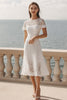 Laden Sie das Bild in den Galerie-Viewer, Spitze Elfenbein A Linie Midi Standesamtkleid mit Ärmel
