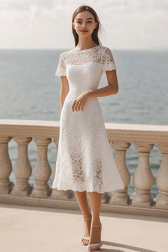 Spitze Elfenbein A Linie Midi Standesamtkleid mit Ärmel