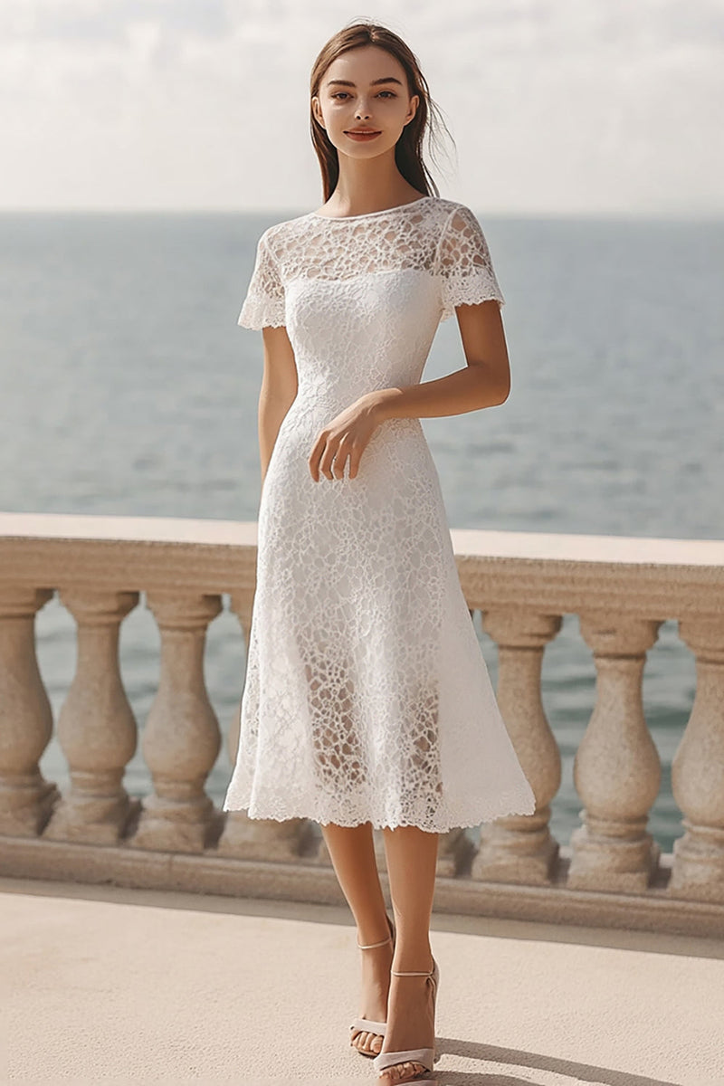 Laden Sie das Bild in den Galerie-Viewer, Spitze Elfenbein A Linie Midi Standesamtkleid mit Ärmel