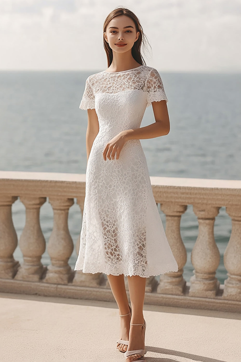 Spitze Elfenbein A Linie Midi Standesamtkleid mit Ärmel