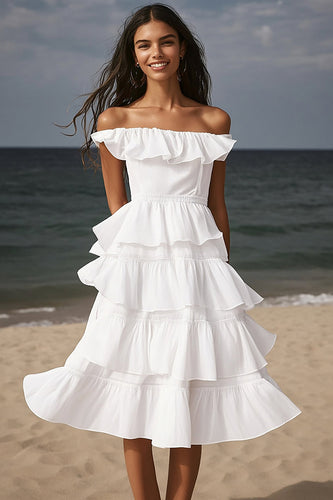 Elfenbein A Linie Tiered Midi Standesamtkleid mit Rüschen