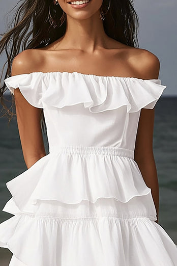 Elfenbein A Linie Tiered Midi Standesamtkleid mit Rüschen
