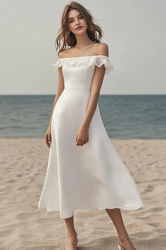 Elfenbein Satin A Linie Midi Standesamtkleid mit Spitze