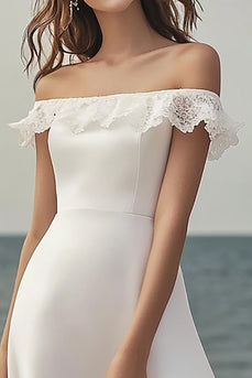 Elfenbein Satin A Linie Midi Standesamtkleid mit Spitze