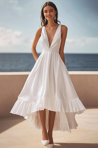 Elfenbein Satin Tiefer V-Ausschnitt High-Low Standesamtkleid