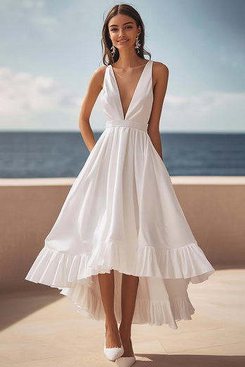 Elfenbein Satin Tiefer V-Ausschnitt High-Low Standesamtkleid