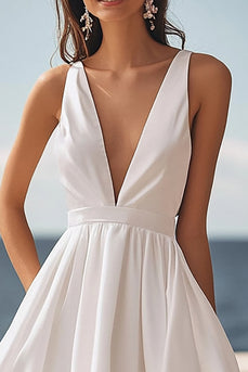Elfenbein Satin Tiefer V-Ausschnitt High-Low Standesamtkleid