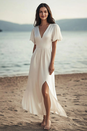 Elfenbein Chiffon V-Ausschnitt Lange Boho Brautkleid mit Schlitz