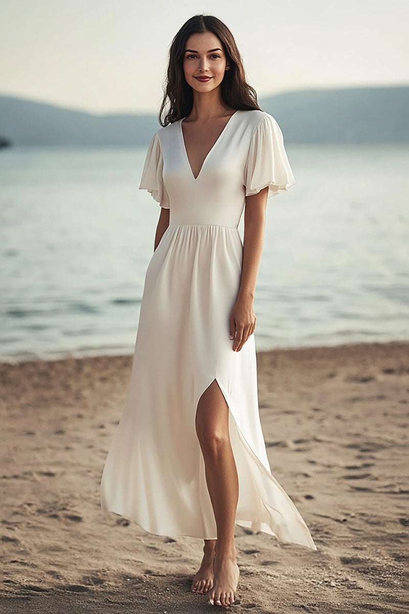 Laden Sie das Bild in den Galerie-Viewer, Elfenbein Chiffon V-Ausschnitt Lange Boho Brautkleid mit Schlitz