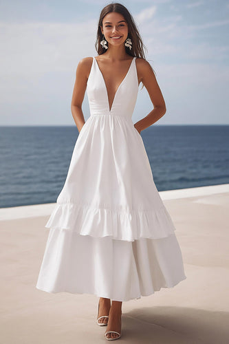 Elfenbein Satin Tiefer V-Ausschnitt Maxi Brautkleid mit Rüschen