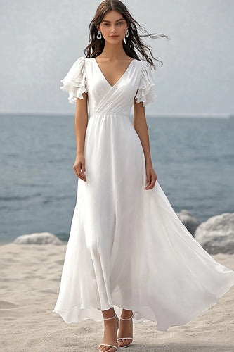Elfenbein Chiffon Boho Maxi Standesamtkleid mit Ruffles