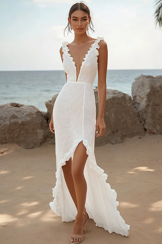 Spitze Elfenbein Tiefer V-Ausschnitt High-Low Hochzeitskleid mit Ruffles