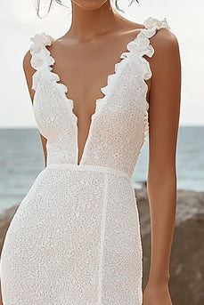 Spitze Elfenbein Tiefer V-Ausschnitt High-Low Hochzeitskleid mit Ruffles