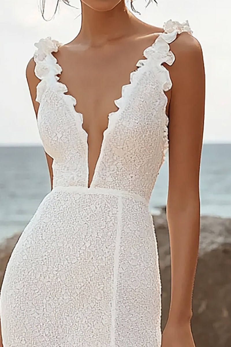 Laden Sie das Bild in den Galerie-Viewer, Spitze Elfenbein Tiefer V-Ausschnitt High-Low Hochzeitskleid mit Ruffles
