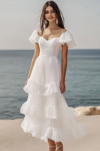Elfenbein A Linie Boho Maxi Ruffled Standesamtkleid mit Spitze
