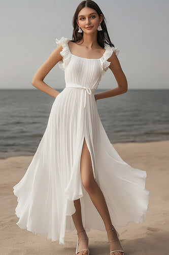 Elfenbein Chiffon Plissee Boho Maxi Standesamtkleid mit Taillenband