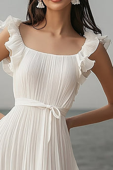 Elfenbein Chiffon Plissee Boho Maxi Standesamtkleid mit Taillenband