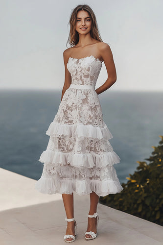 Spitze Elfenbein A Linie Maxi Trägerlos Standesamtkleid mit Rüschen