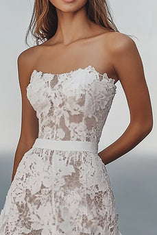 Spitze Elfenbein A Linie Maxi Trägerlos Standesamtkleid mit Rüschen
