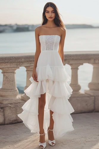 Elfenbein Trägerlos Gestufte Organza High-Low Standesamtkleid