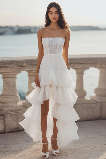 Elfenbein Trägerlos Gestufte Organza High-Low Standesamtkleid