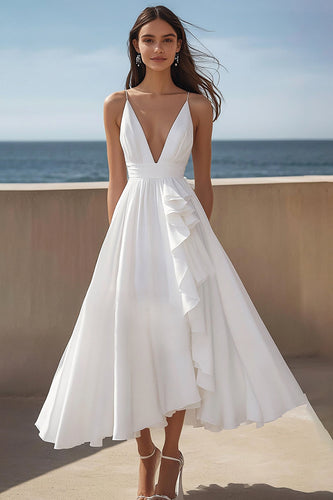 Elfenbein Satin A Linie V-Ausschnitt Maxi Standesamtkleid mit Ruffles