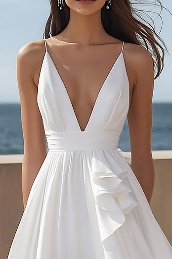 Elfenbein Satin A Linie V-Ausschnitt Maxi Standesamtkleid mit Ruffles
