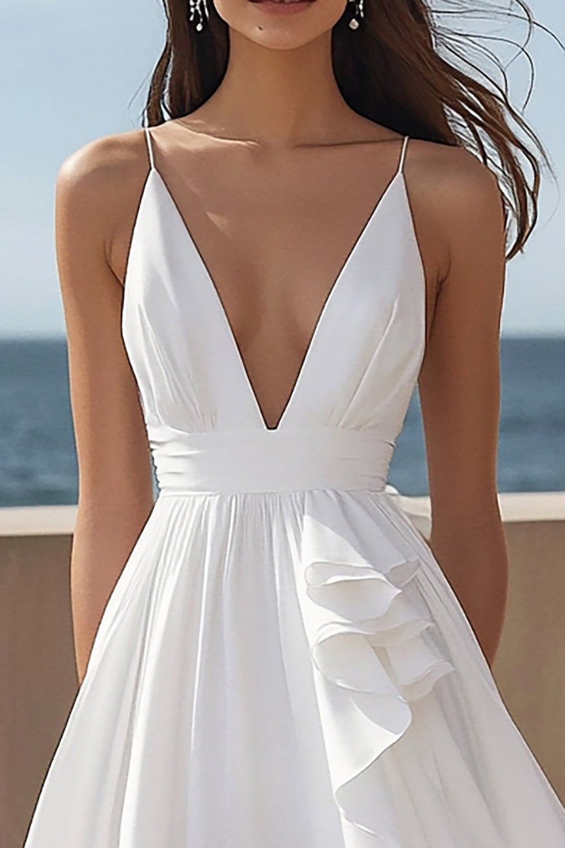 Laden Sie das Bild in den Galerie-Viewer, Elfenbein Satin A Linie V-Ausschnitt Maxi Standesamtkleid mit Ruffles