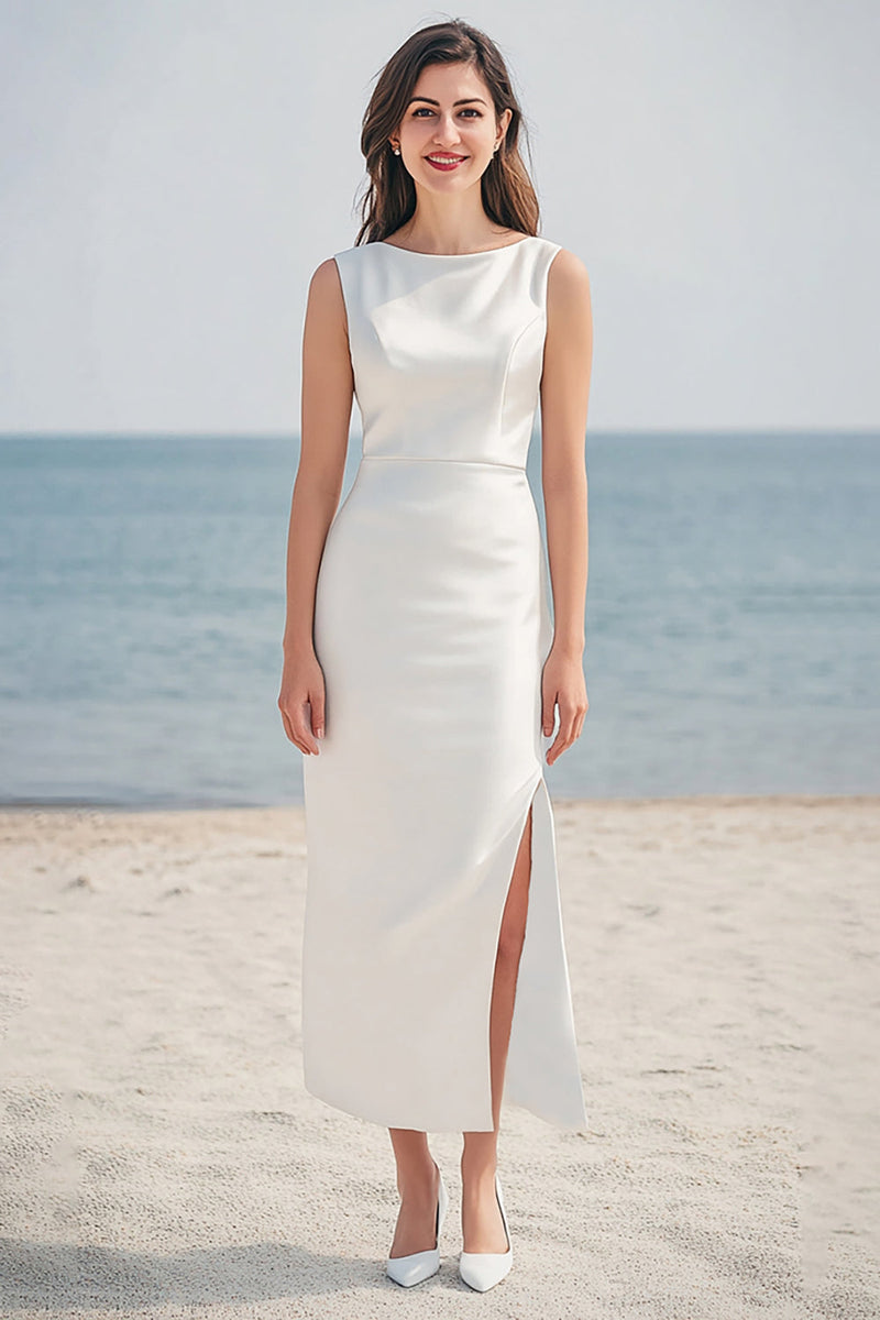 Laden Sie das Bild in den Galerie-Viewer, Elfenbein Etui Satin Lange Standesamtkleid mit Schlitz