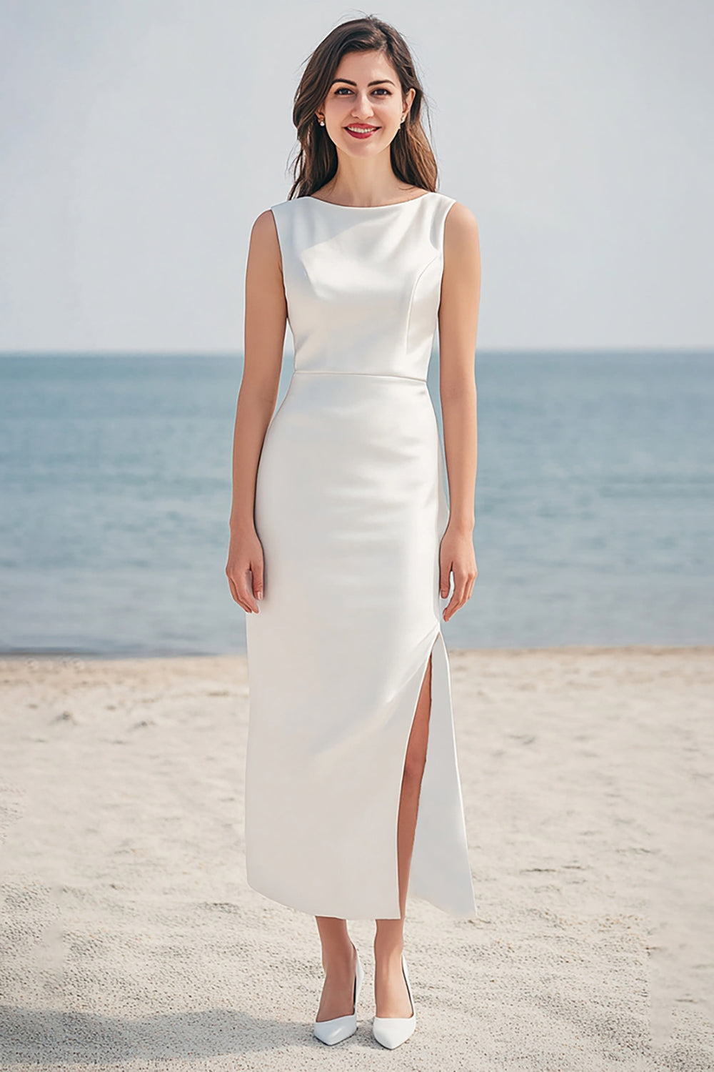 Elfenbein Etui Satin Lange Standesamtkleid mit Schlitz