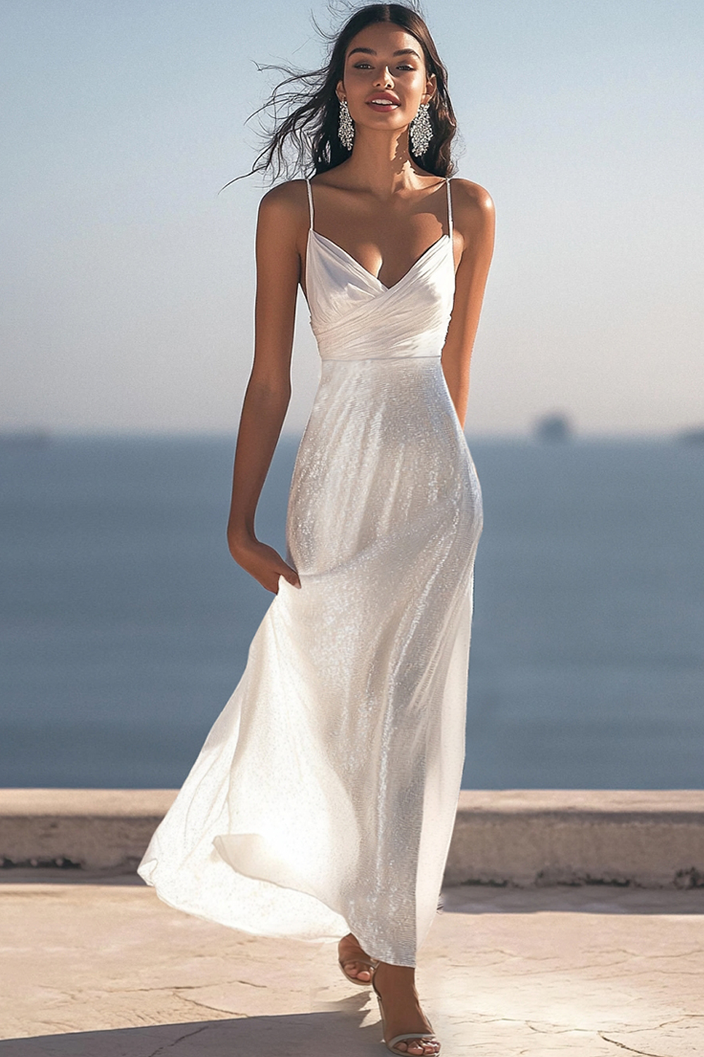 Glitzer Elfenbein Geraffte Maxi Pailletten Hochzeitskleid