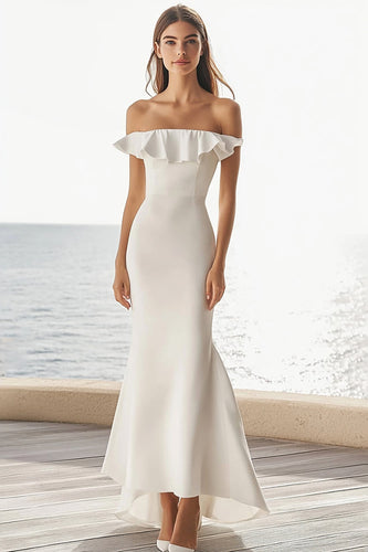 Elfenbein Satin Maxi Meerjungfrau Standesamtkleid mit Rüschen