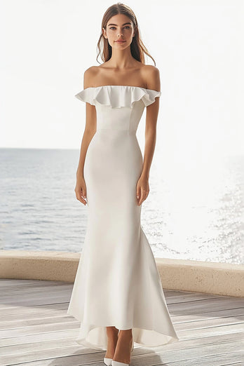 Elfenbein Satin Maxi Meerjungfrau Standesamtkleid mit Rüschen
