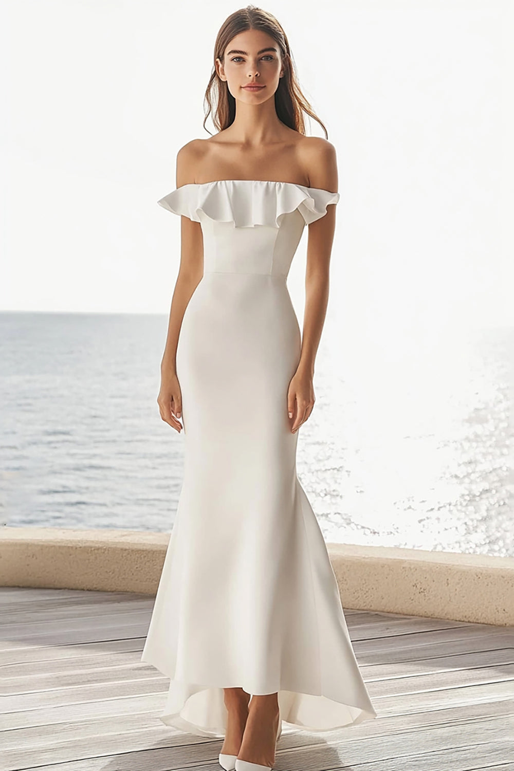 Elfenbein Satin Maxi Meerjungfrau Standesamtkleid mit Rüschen