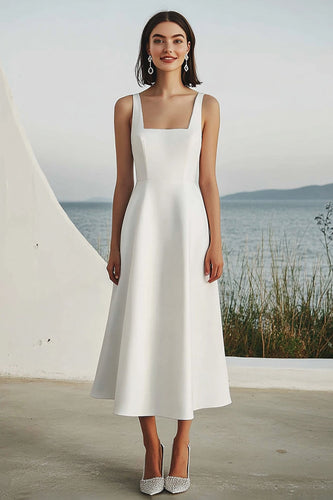 Elfenbein Satin A Linie Quadratischer Ausschnitt Maxi Standesamtkleid