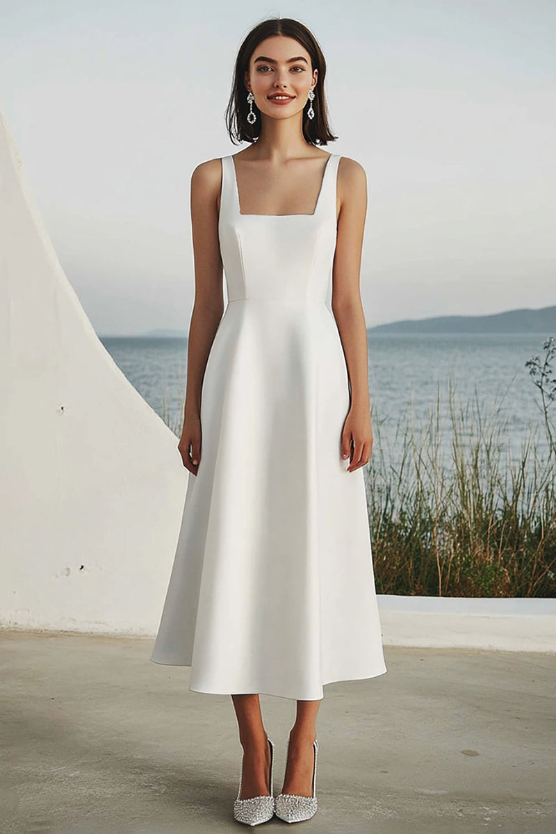 Laden Sie das Bild in den Galerie-Viewer, Elfenbein Satin A Linie Quadratischer Ausschnitt Maxi Standesamtkleid