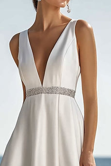 Elfenbein V-Ausschnitt Satin Maxi Standesamtkleid mit Perlen