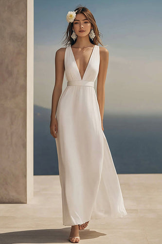 Einfaches Elfenbein Chiffon Tiefer V-Ausschnitt Maxi Standesamtkleid