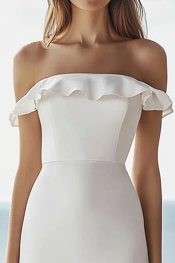 Elfenbein Satin Bodycon Midi Standesamtkleid mit Rüschen