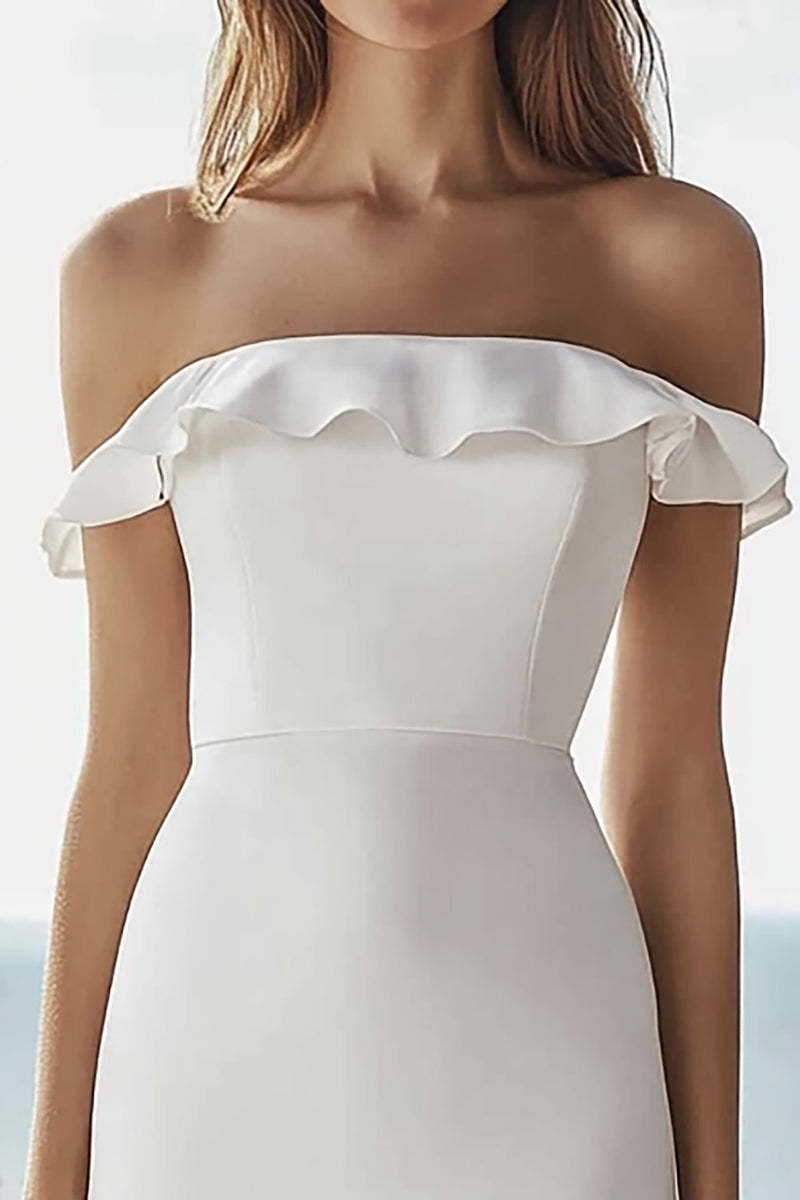 Laden Sie das Bild in den Galerie-Viewer, Elfenbein Satin Bodycon Midi Standesamtkleid mit Rüschen