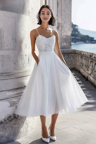 Tüll Elfenbein Korsett Midi Hochzeitskleid mit Spitze
