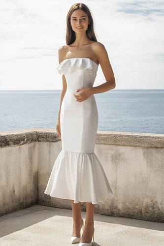 Elfenbein Satin Meerjungfrau Maxi Standesamtkleid mit Rüschen