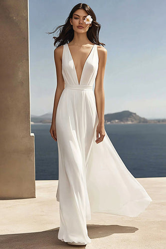 Elfenbein Chiffon Tiefer V-Ausschnitt Maxi Standesamtkleid