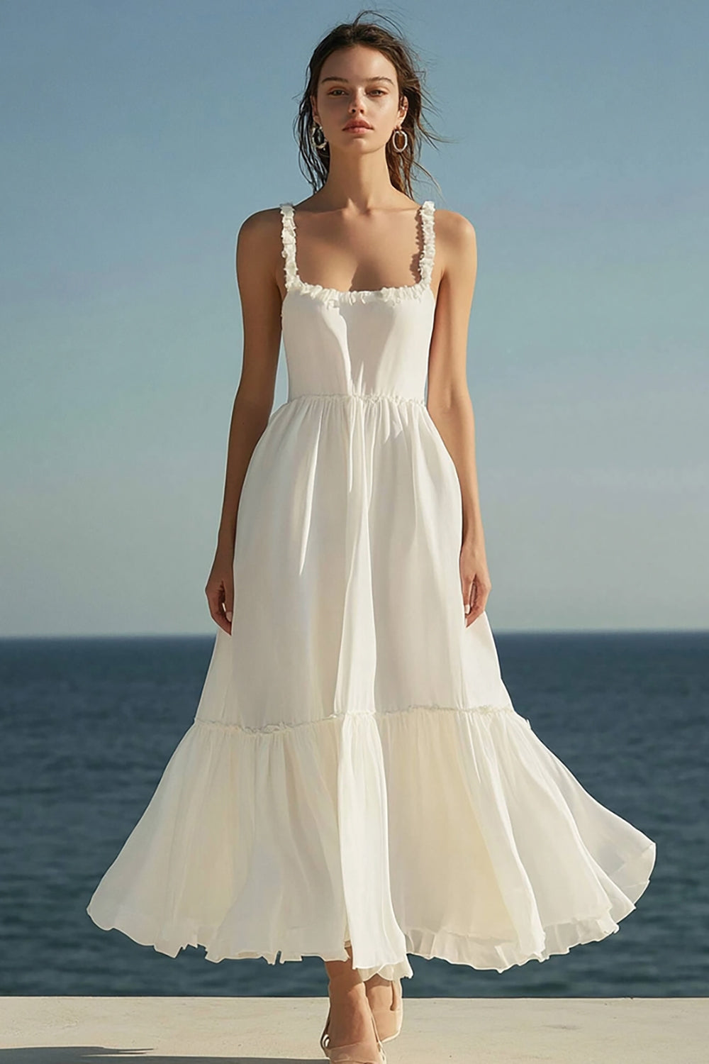 Elfenbein A Linie Quadratischer Ausschnitt Maxi Standesamtkleid mit Rüschen