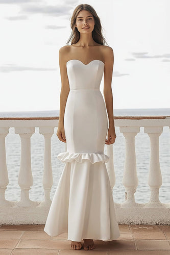 Elfenbein Satin Meerjungfrau Maxi Standesamtkleid mit Rüschen