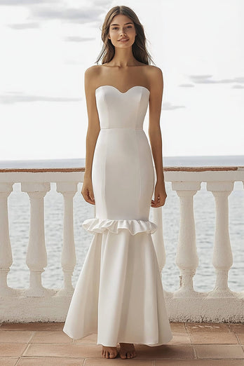 Elfenbein Satin Meerjungfrau Maxi Standesamtkleid mit Rüschen