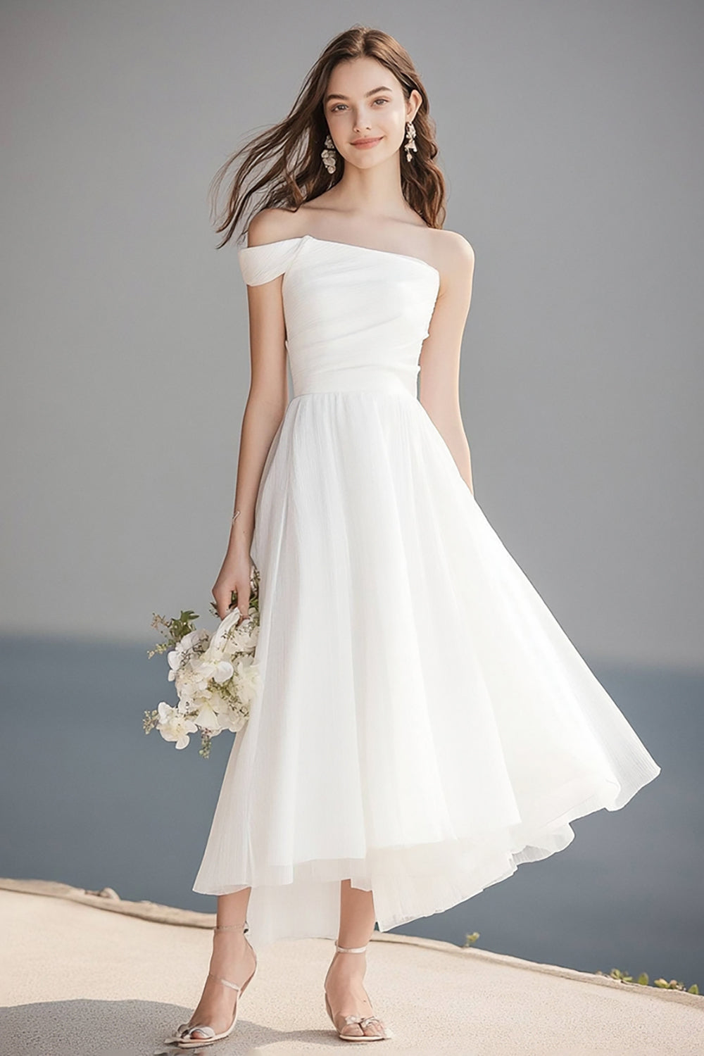 Elfenbein A Linie Eine Schulter Lange Hochzeitskleid